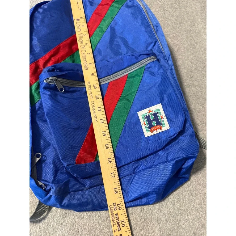 VTG Hesss Department Store Backpack Blue Red Green Stripe Nylon Daypack Retro